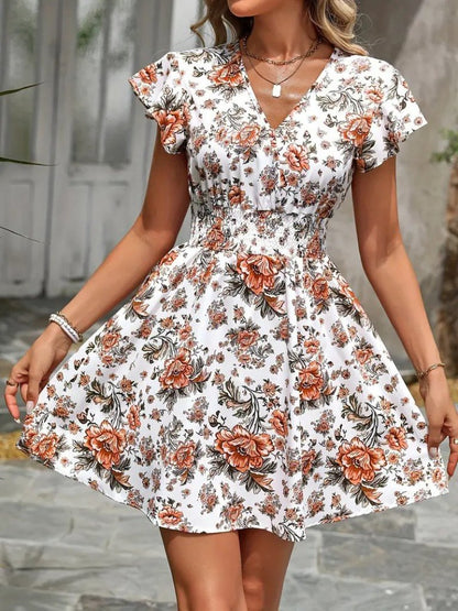 Kadın Kısa Kollu Kruvaze Yakalı çiçek Desenli Süprem Elbise