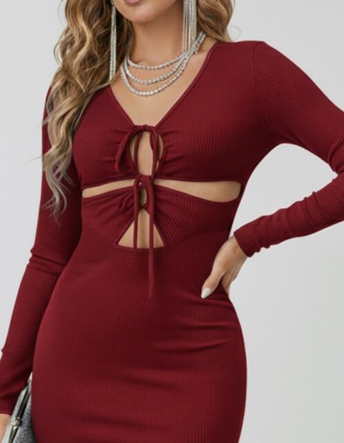 Kadın Uzun Kollu Göğüs Ve Göbek Dekolte Detay Sandy Midi Boy Elbise