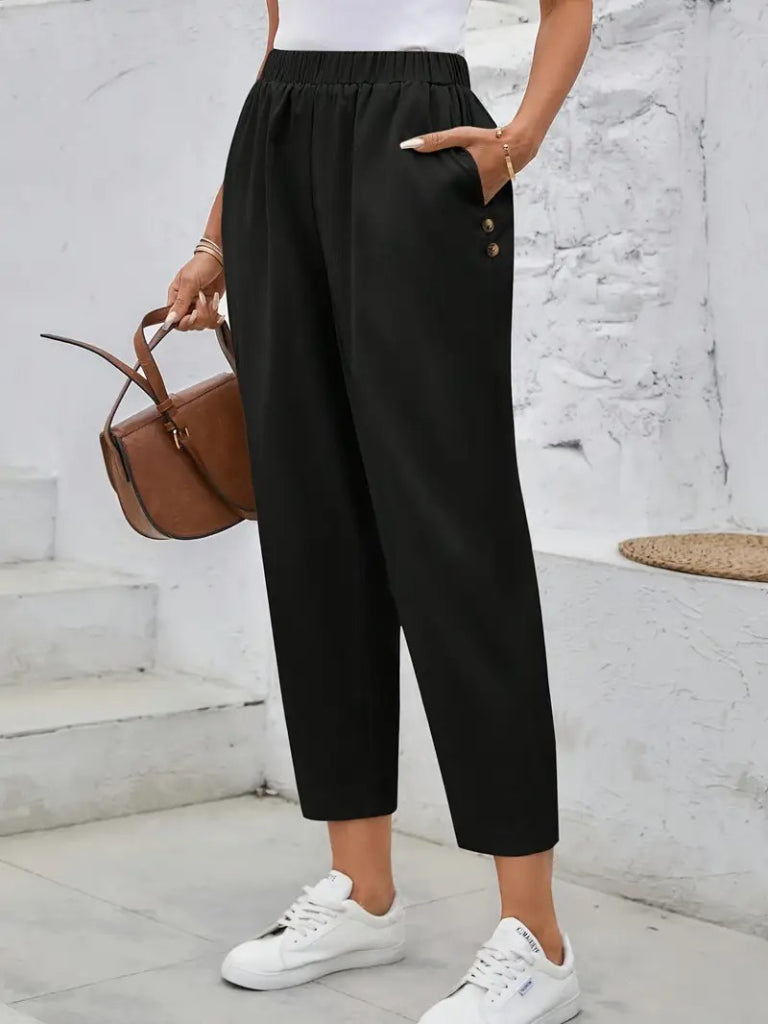 Kadın Yüksek Bel Yandan Cepli Düğme Detaylı Geniş Kesim Ithal Krep Pantolon