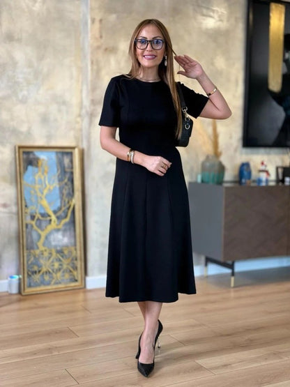 Kadın Kısa Kollu Bisiklet Yaka Midi Viskon Iki Iplik Elbise