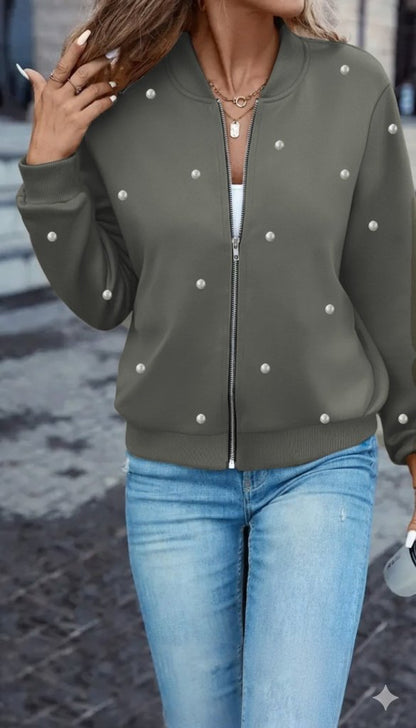 Kadın Uzun Kollu önden Fermuarlı Incili Kısa Modal Ceket