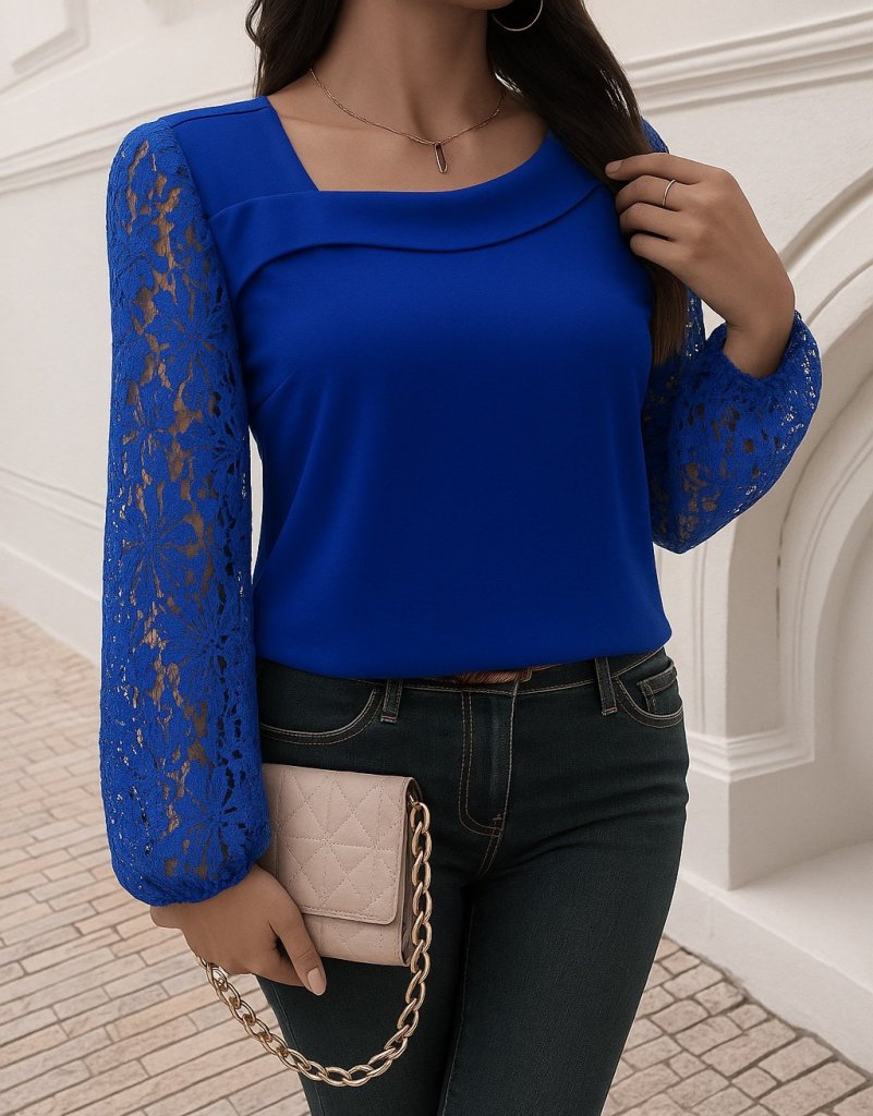 Kadın Uzun Kollu Asimetrik Yakalı Dantelli Ithal Krep Bluz