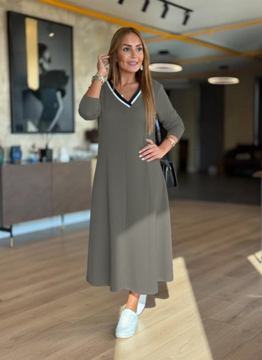 Kadın Uzun Kollu V Yakalı Midi çağla Yeşili Modal Elbise