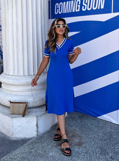 Kadın Kısa Kollu V Yaka Ve Yaka Ribana Detay Midiboy Viskon Elbise