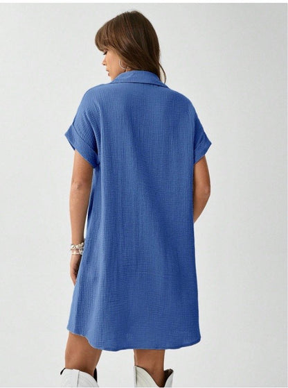 Kadın Cep Detay Müslin Kumaş Mini Gömlek Elbise