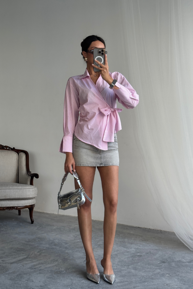 ÇİZGİLİ POPLİN KRUVAZE BAĞLAMALI GÖMLEK - Pembe