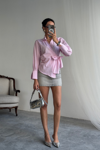 ÇİZGİLİ POPLİN KRUVAZE BAĞLAMALI GÖMLEK - Pembe