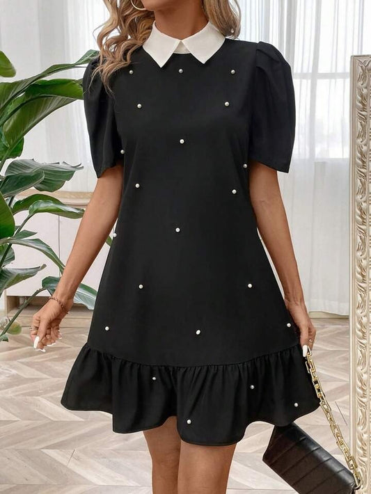 Kadın Kısa Kollu Yakalı Inci Detaylı Kısa Ithal Krep Elbise