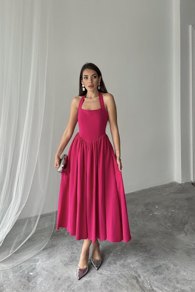 Fuşya Boyundan Bağlamalı Keten Elbise