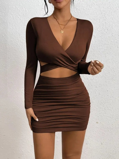 Kadın Uzun Kollu çapraz Dekolte Detaylı Mini Sandy Elbise