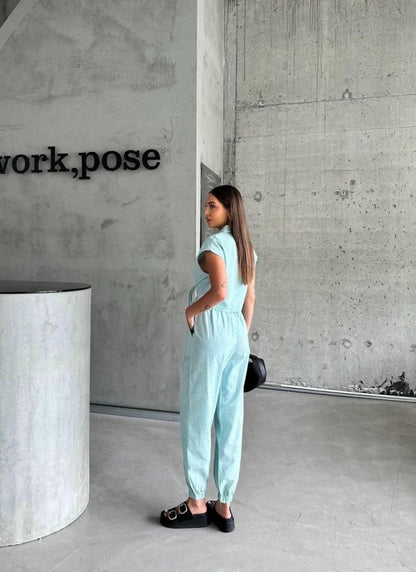 ÇİZGİLİ KETEN KOLSUZ CROP PANTOLON TAKIM - Yeşil