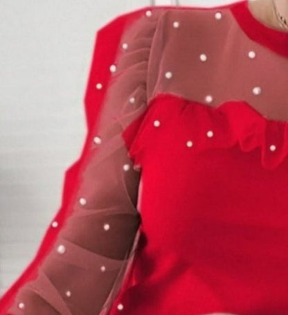 Kadın Uzun Kollu Inci Detaylı Tüllü Viskon Bluz