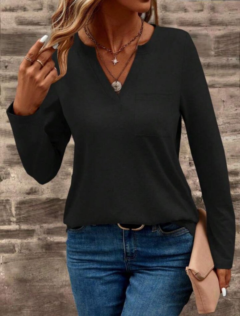 Kadın Uzun Kollu Cepli V Yakalı Viskon Iki Iplik Bluz