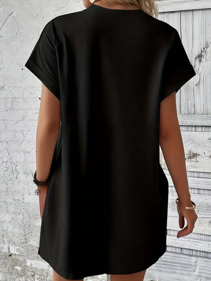 Kadın Kısa Kollu Bisiklet Yaka Cepli Kelebek Baskılı Viskon Elbise