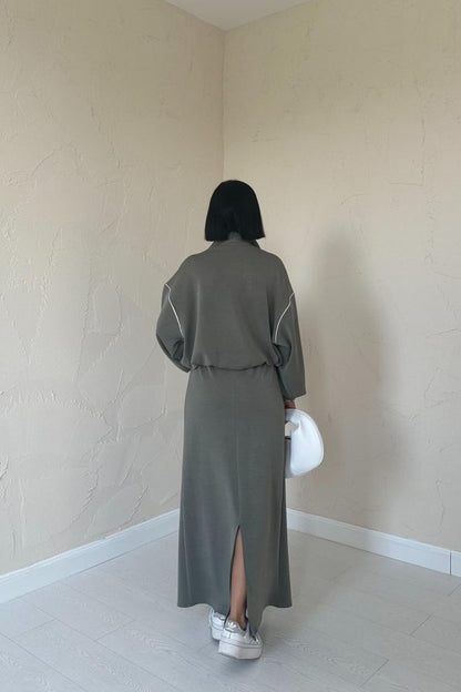 Haki Biyeli Sweatshirt Ve Etek Takım