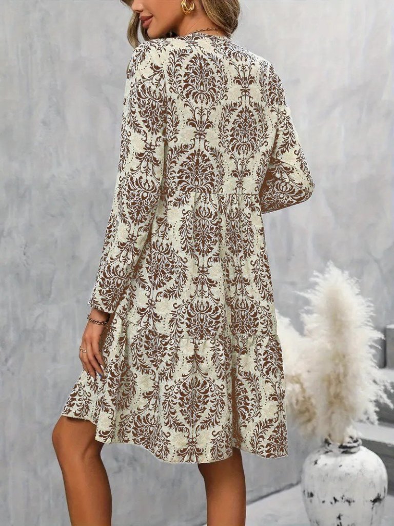 Kadın Uzun Kollu V Yakalı Fırfırlı Mini Süprem Elbise