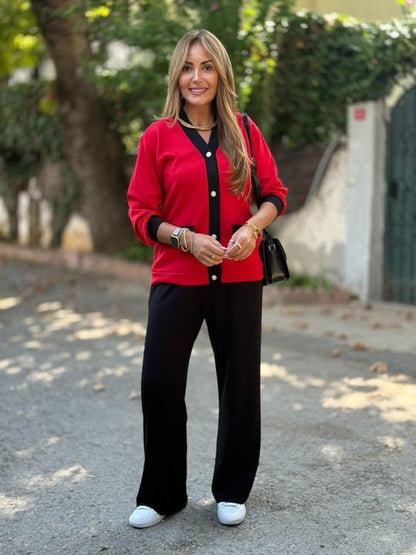 Kadın Uzun Kollu Ribanali Cep Detay Hırka Ve Bol Paça Pantolon Ikili Takım