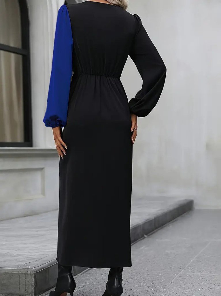 Kadın Uzun Kollu Kruvaze Yakalı Belden çapraz Detaylı çift Renkli Midi Ithal Krep Elbise
