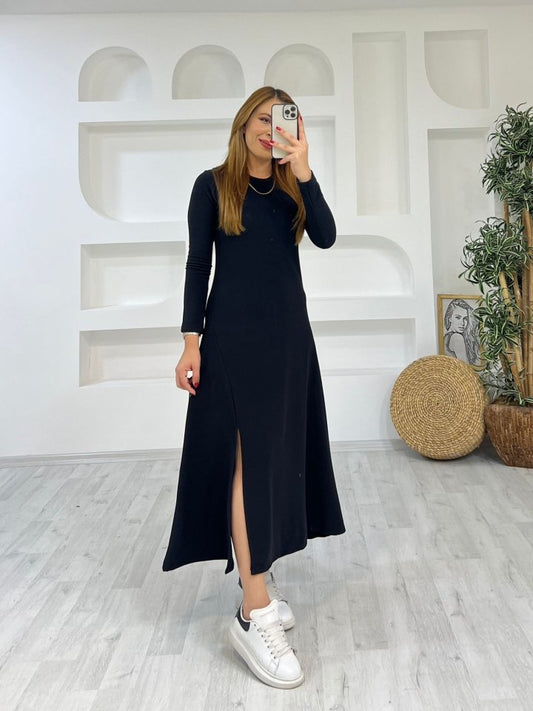 Kadın Uzun Kollu Bisiklet Yaka Size Kadar Yırtmaç Detay Maxi Boy Elbise