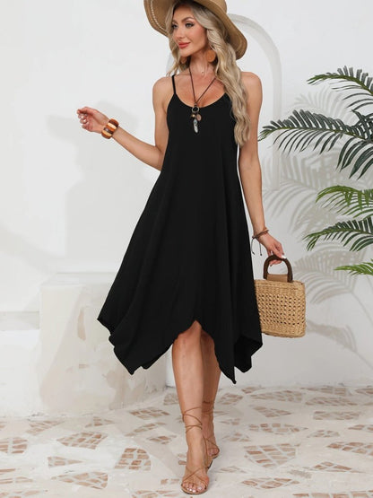 Kadın Ip Askılı Yuvarlak Yakalı Asimetrik Kesim Viskon Elbise