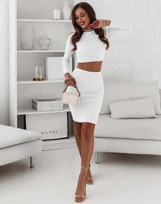 Kadın Uzun Kollubisiklet Yaka Kısa Crop Ve Yüksek Bel Mini Etek Kaşkorse Kumaş Ikili Takım