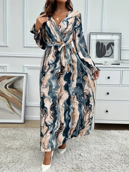 Kadın Uzun Kollu Kruvaze Yakalı Beli Kuşaklı Desenli Süprem Maxi Elbise