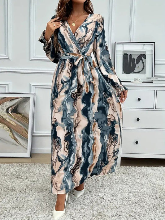 Kadın Uzun Kollu Kruvaze Yakalı Beli Kuşaklı Desenli Süprem Maxi Elbise