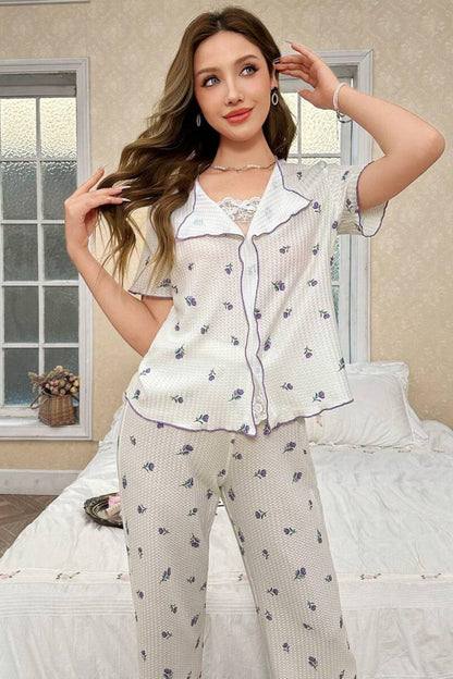 Beyaz Mor Lale Desenli Romantik Pijama Takımı 7335