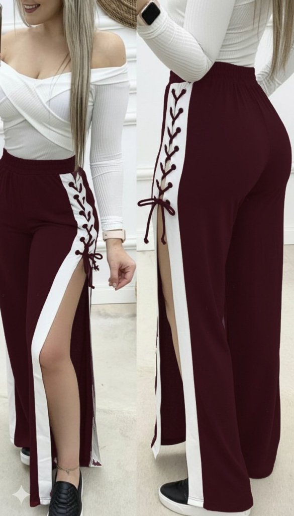 Kadın Yüksek Bel Yandan çapraz Bağcıklı Yırtmaçlı Viskon Iki Iplik Pantolon