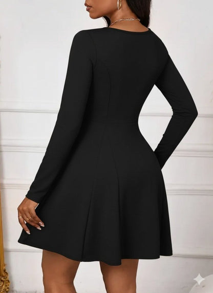 Kadın Uzun Kollu Kare Yakalı Mini Ithal Krep Elbise