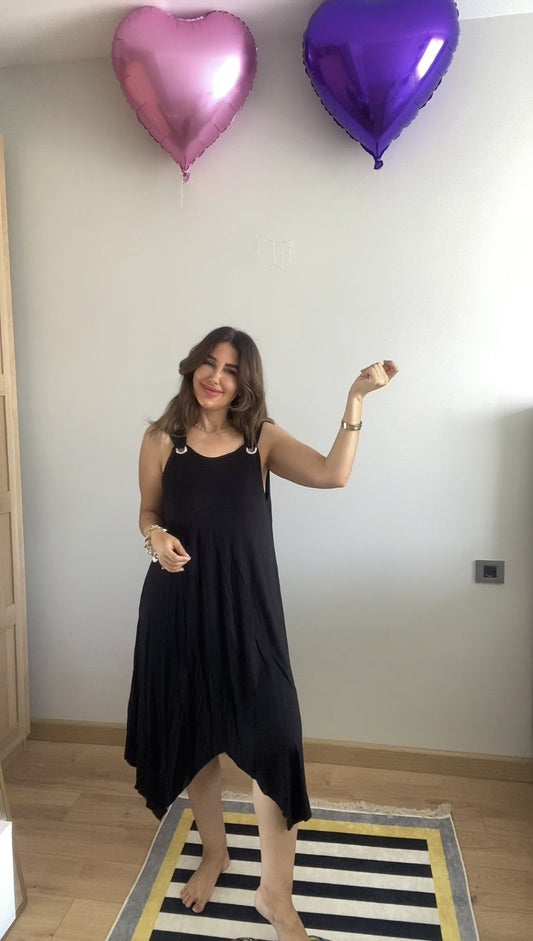 Kadın Askılı Yuvarlak Yaka Kuş Gözü Detaylı Asimetrik Viskon Elbise