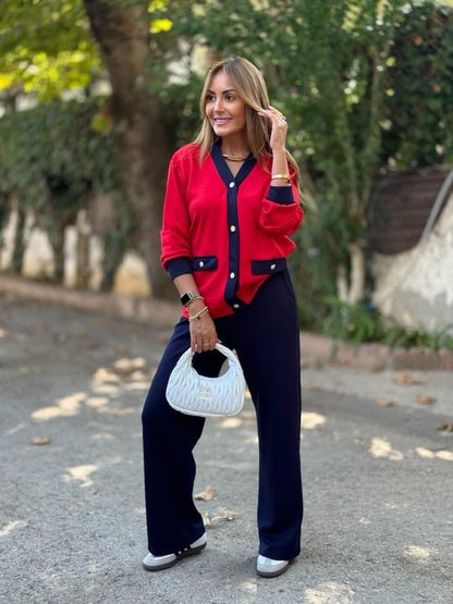 Kadın Uzun Kollu Ribanali Cep Detay Hırka Ve Bol Paça Pantolon Ikili Takım