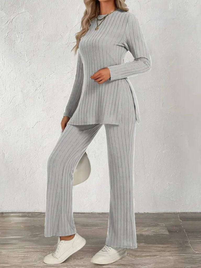 Kadın Uzun Kollu Bisiklet Yaka Yandan Yırtmaçlı şardonlu Kaşkorse Bluz Ve Pantolon Ikili Takım