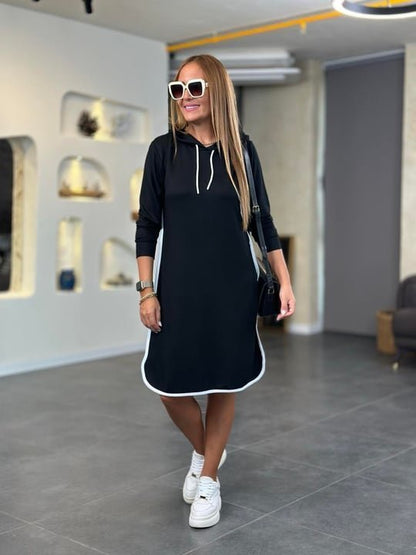 Kadın Uzun Kollu Kapüşon Ve Ribana Detay Diz üstü Elbise