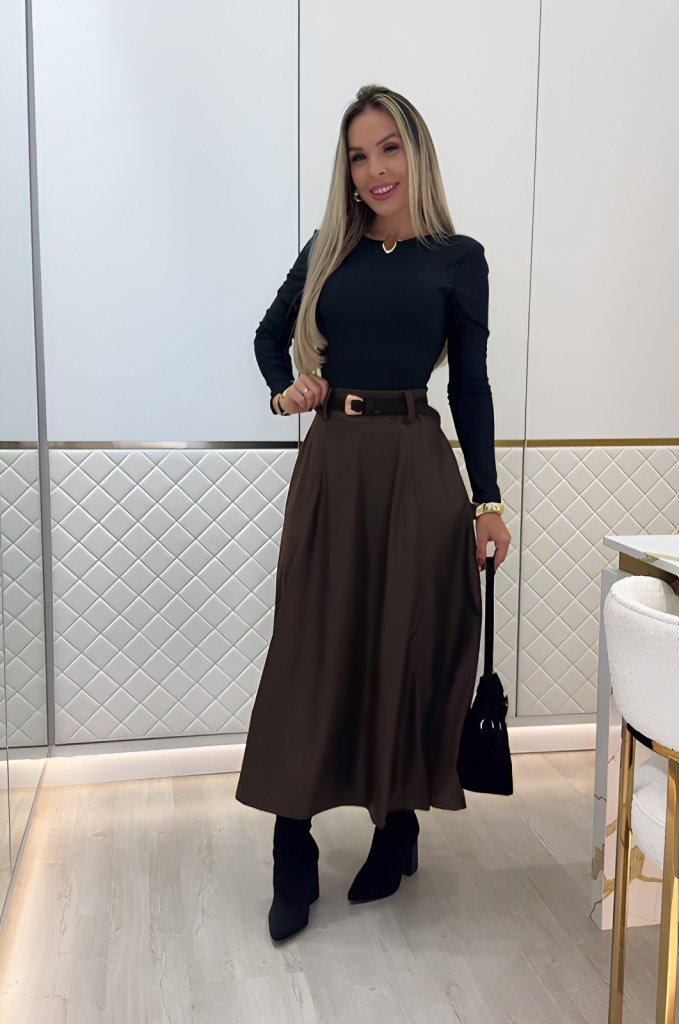 Kadın Yüksek Belli Maxi Deri Kemersiz Etek