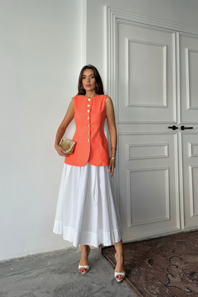 JAKAR KETEN YELEK BELDEN OTURTMALI GOLD DÜĞMELİ - Orange