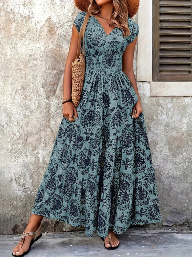 Kadın Kısa Kollu Kruvaze Yaka Beli Lastikli Süprem Maksi Boy Elbise