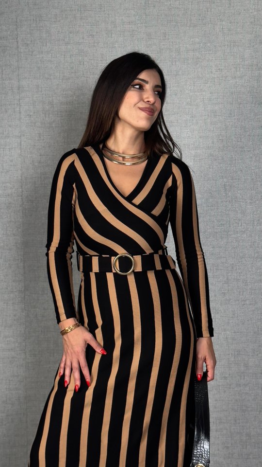 Kadın Uzun Kollu Kruvaze Yaka Kemer Dahil çizgili Triko Elbise