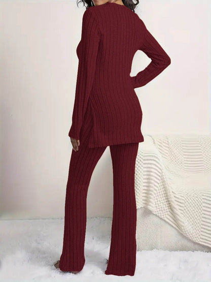 Kadın Uzun Kollu Yuvarlak Yaka Yandan Yırtmaç Detaylı şardonlu Kaşkorse Bluz Ve Pantolon Ikili Takım