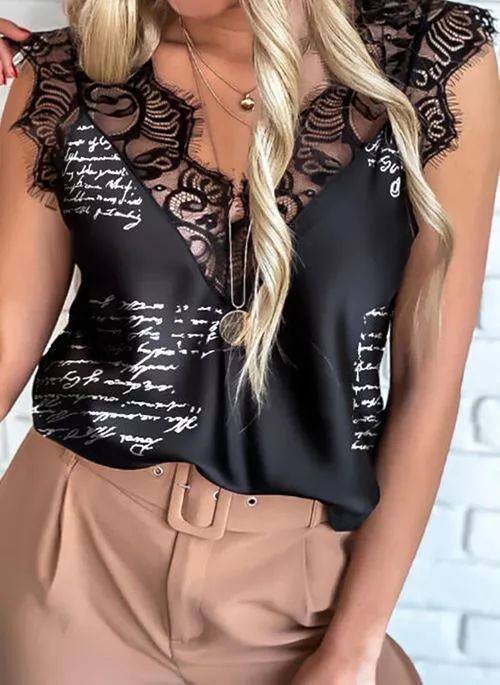 Kadın Mektup Desenli Dantel Detaylı Mikro Kumaş Bluz