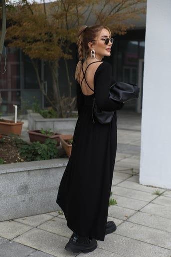 Kadın Kayık Yaka Sırt Dekoltesi Ve Yırtmaç Detay Maxi Boy Elbise