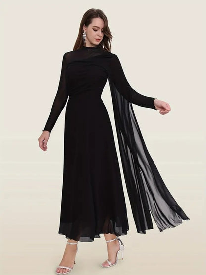 Kadın Uzun Kollu Yarı Balıkçı Yaka Tül Detaylı Uzun Sandy Elbise