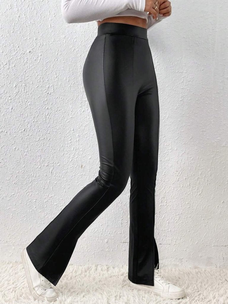 Kadın Yüksek Bel önden Yırtmaçlı Deri Tayt