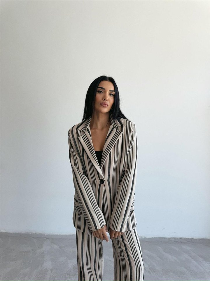 OTTOMAN ÇİZGİLİ CEKET-PANTOLON TK - Bej