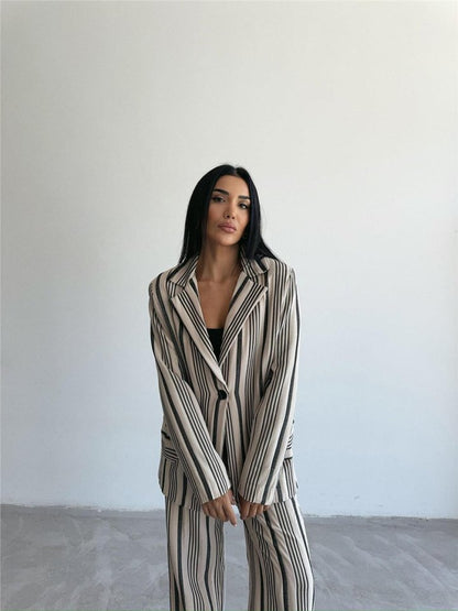 OTTOMAN ÇİZGİLİ CEKET-PANTOLON TK - Bej