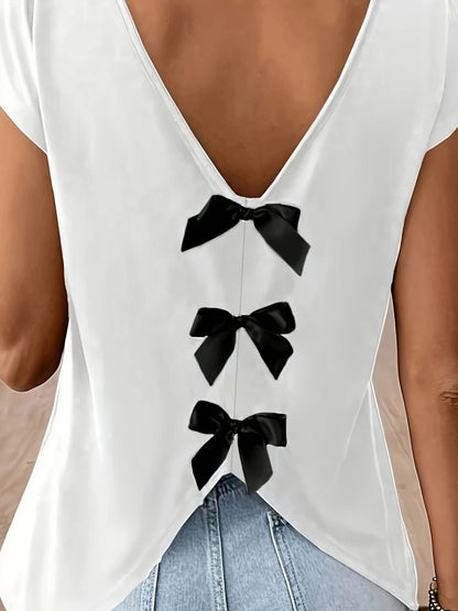 Kadın Kısa Kollu V Yakalı Arkadan Kurdele Detaylı Viskon Bluz