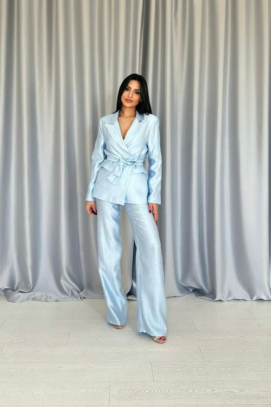 Mavi Beli Kuşaklı Ceket Ve Pantolon Parlak Takım