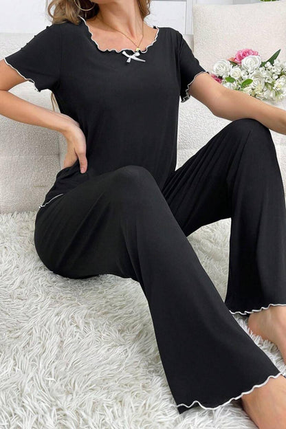 Siyah Bisiklet Yaka Pamuklu Yazlık Pijama Takımı 7343