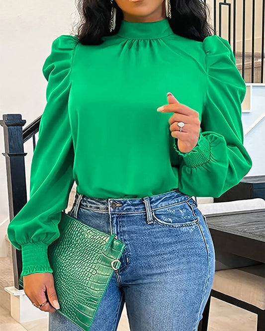 Kadın Uzun Kollu Balıkçı Yaka Arkadan Bağlamalı Omuzlardan Balon Ithal Krep Bluz