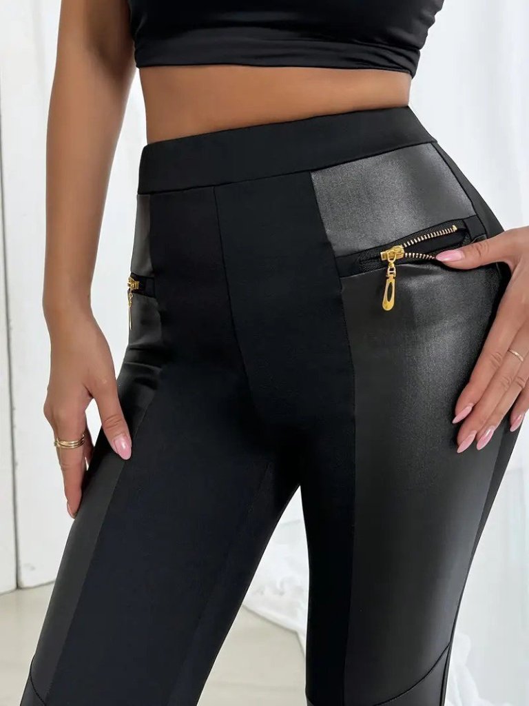 Kadın Yüksek Bel Yan şerit Deri Detay Fermuarlı Dalgıç Tayt